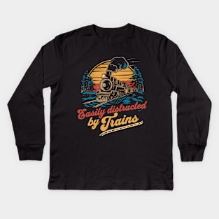 Easily distracted by trains - Train lover retro vintage design Kids Long Sleeve T-Shirt